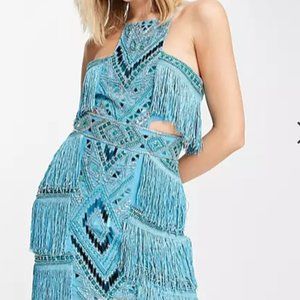 ASOS DESIGN high neck embellished mini dress with fringe in blue